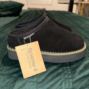 BearPaw Black Suede Clogs with Patterned Trim
